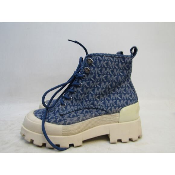 MICHAEL KORS Womens Size 8 M Blue Logo Fabric Lace Up Ankle Fashion Boots Bootie - Picture 1 of 11